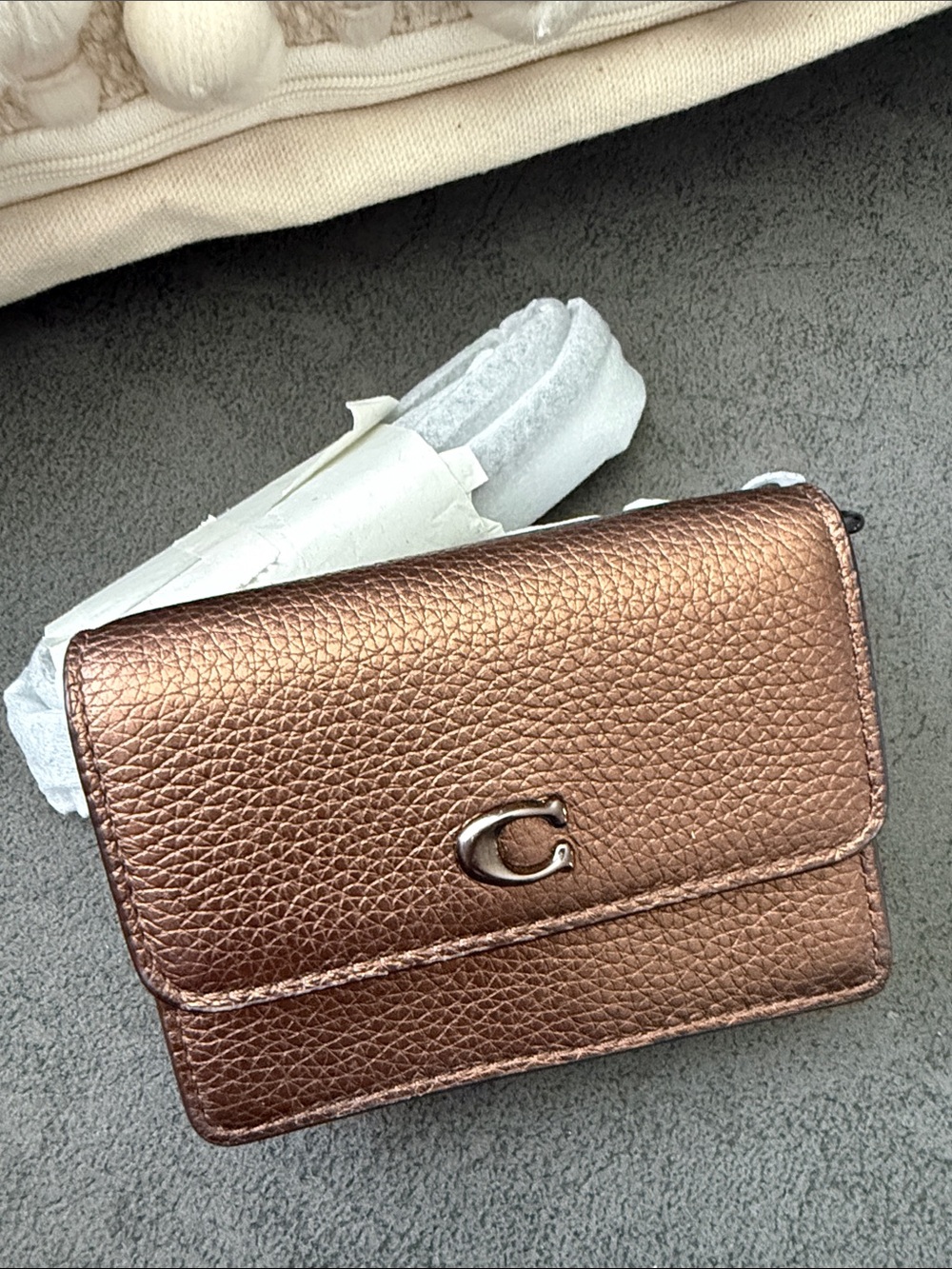 Coach Metallic Bronze Pebbled Leather Wallet Crossbody